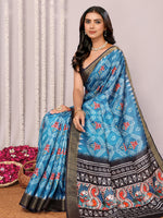 Thumbnail for Janasya Blue Chanderi Silk Ikkat Printed Saree