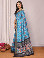 Thumbnail for Janasya Blue Chanderi Silk Ikkat Printed Saree