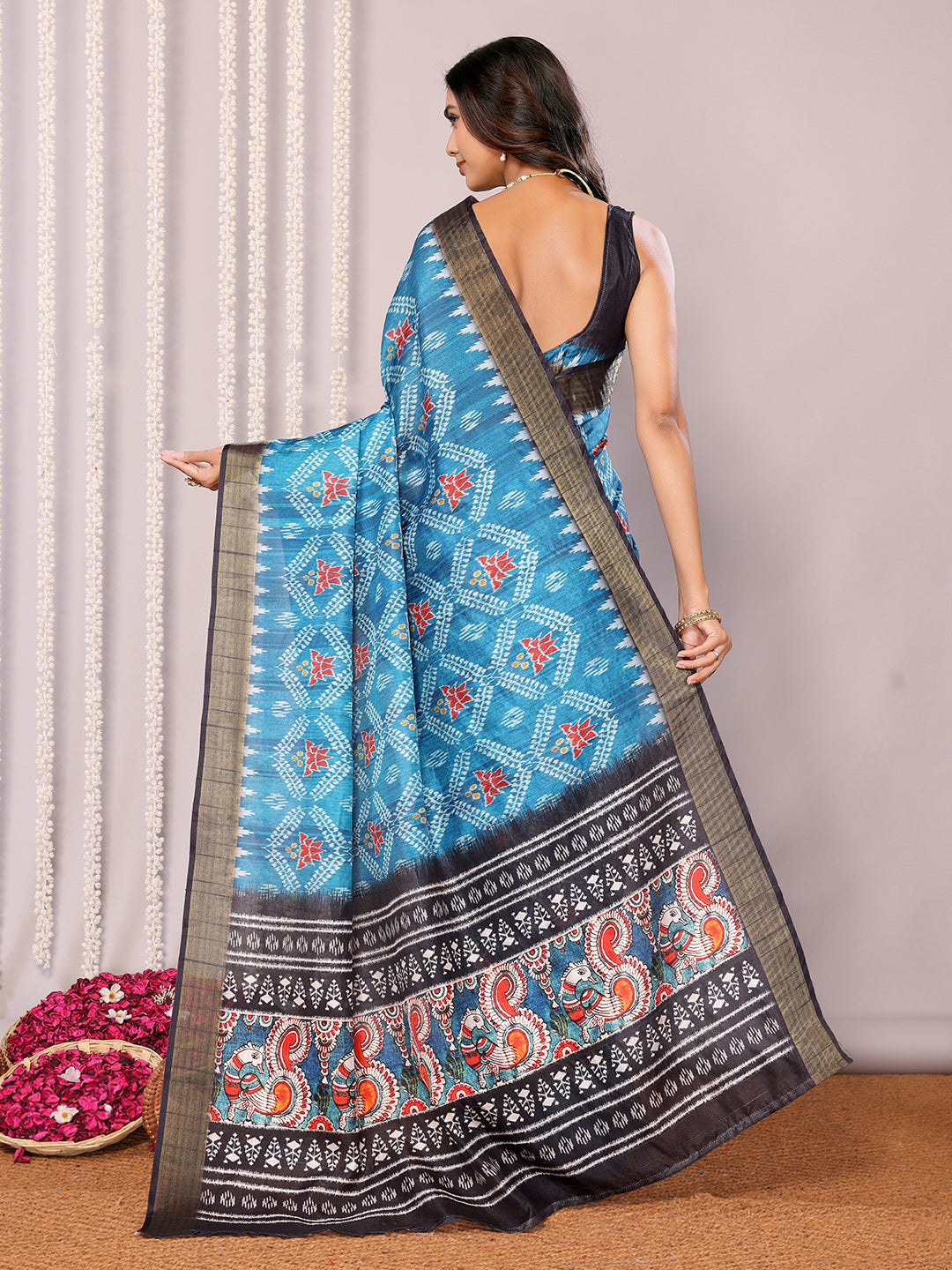 Janasya Blue Chanderi Silk Ikkat Printed Saree
