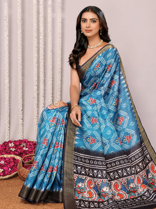 Janasya Blue Chanderi Silk Ikkat Printed Saree