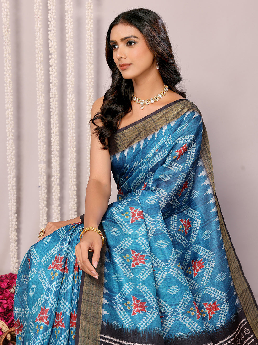 Janasya Blue Chanderi Silk Ikkat Printed Saree