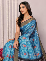 Thumbnail for Janasya Blue Chanderi Silk Ikkat Printed Saree