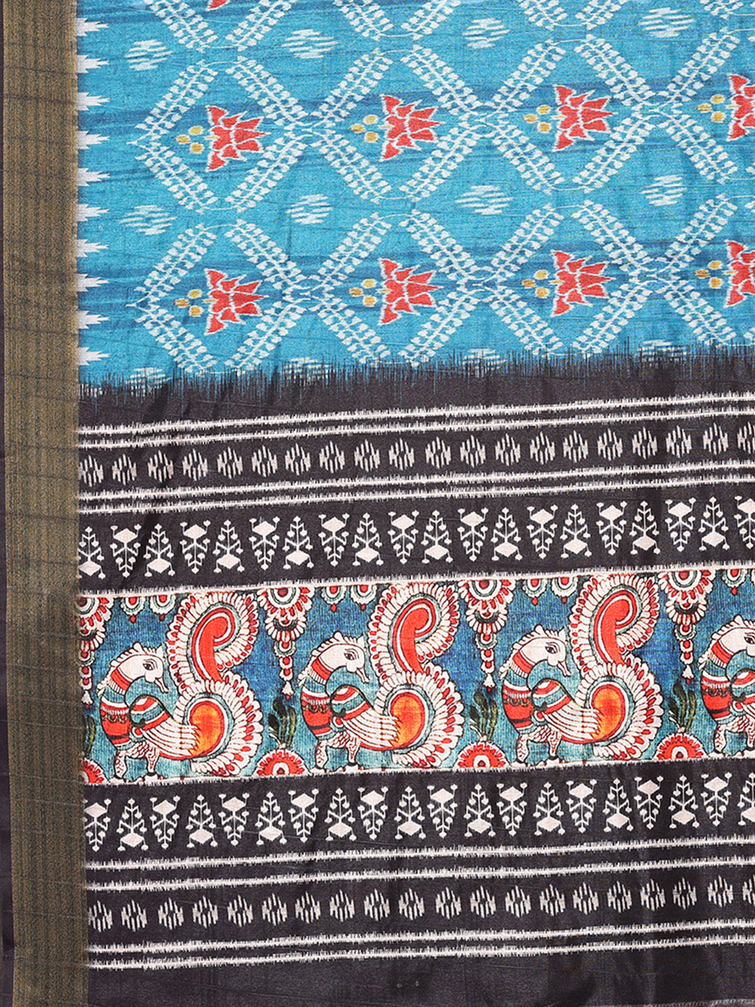 Janasya Blue Chanderi Silk Ikkat Printed Saree