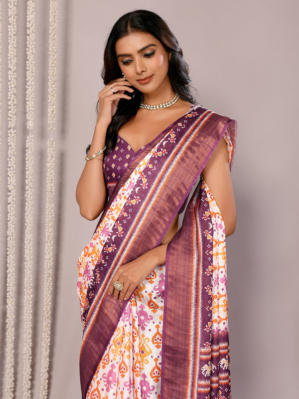 Janasya White & Purple Chanderi Silk Ikkat Printed Saree