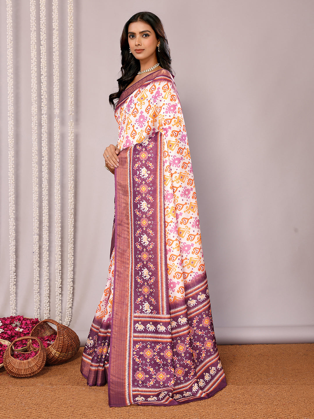 Janasya White & Purple Chanderi Silk Ikkat Printed Saree
