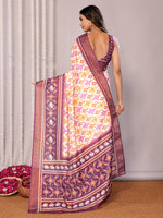 Thumbnail for Janasya White & Purple Chanderi Silk Ikkat Printed Saree