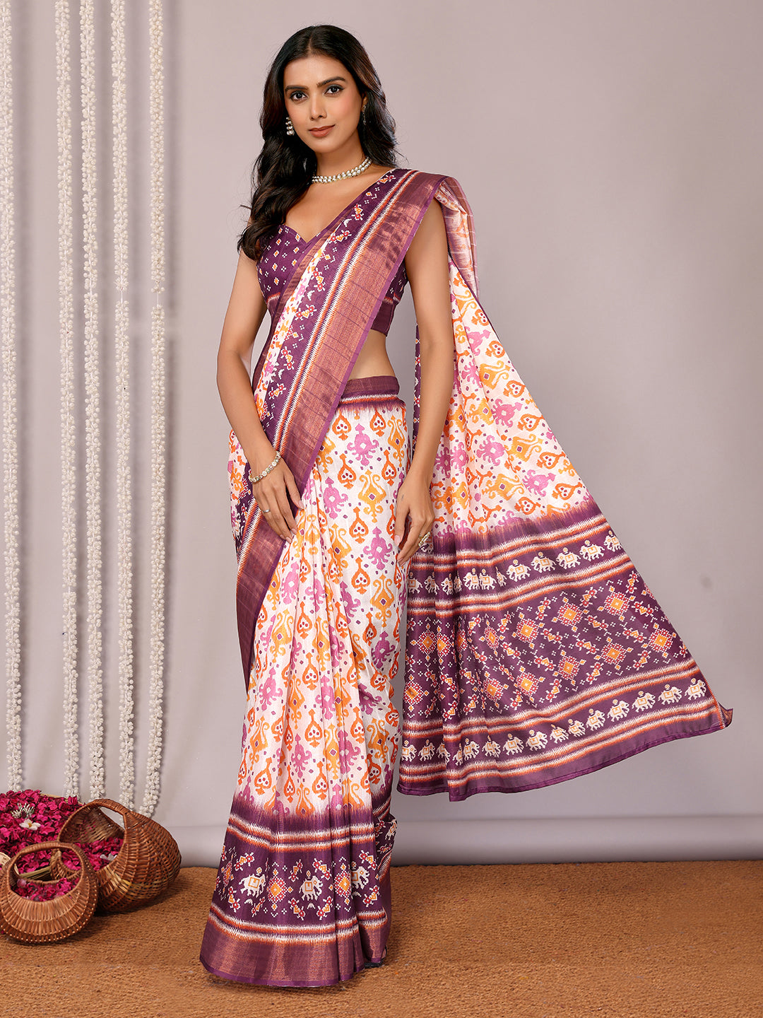 Janasya White & Purple Chanderi Silk Ikkat Printed Saree