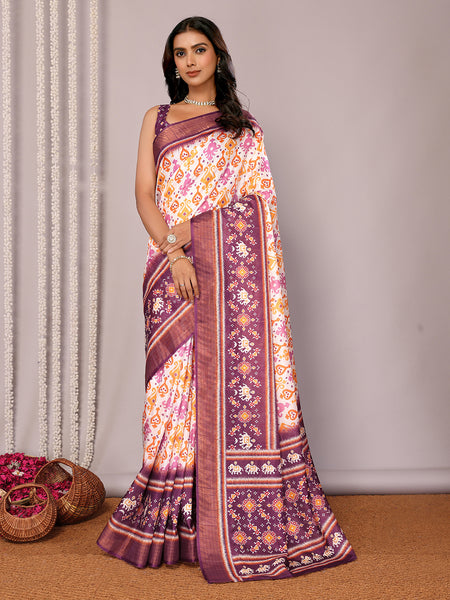 Janasya White & Purple Chanderi Silk Ikkat Printed Saree