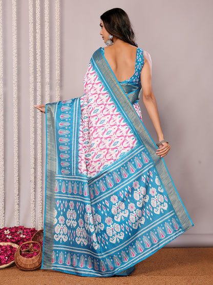 Janasya Blue Chanderi Silk Ikkat Printed Saree - Distacart