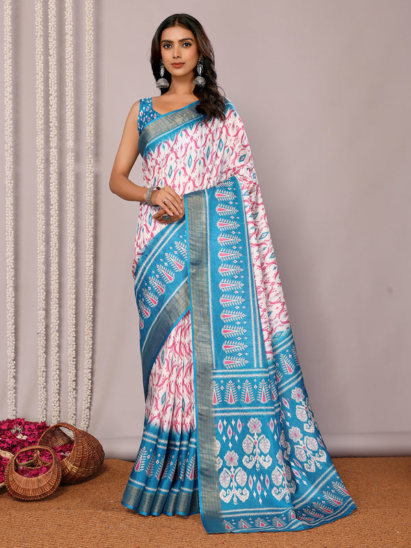 Janasya Blue Chanderi Silk Ikkat Printed Saree