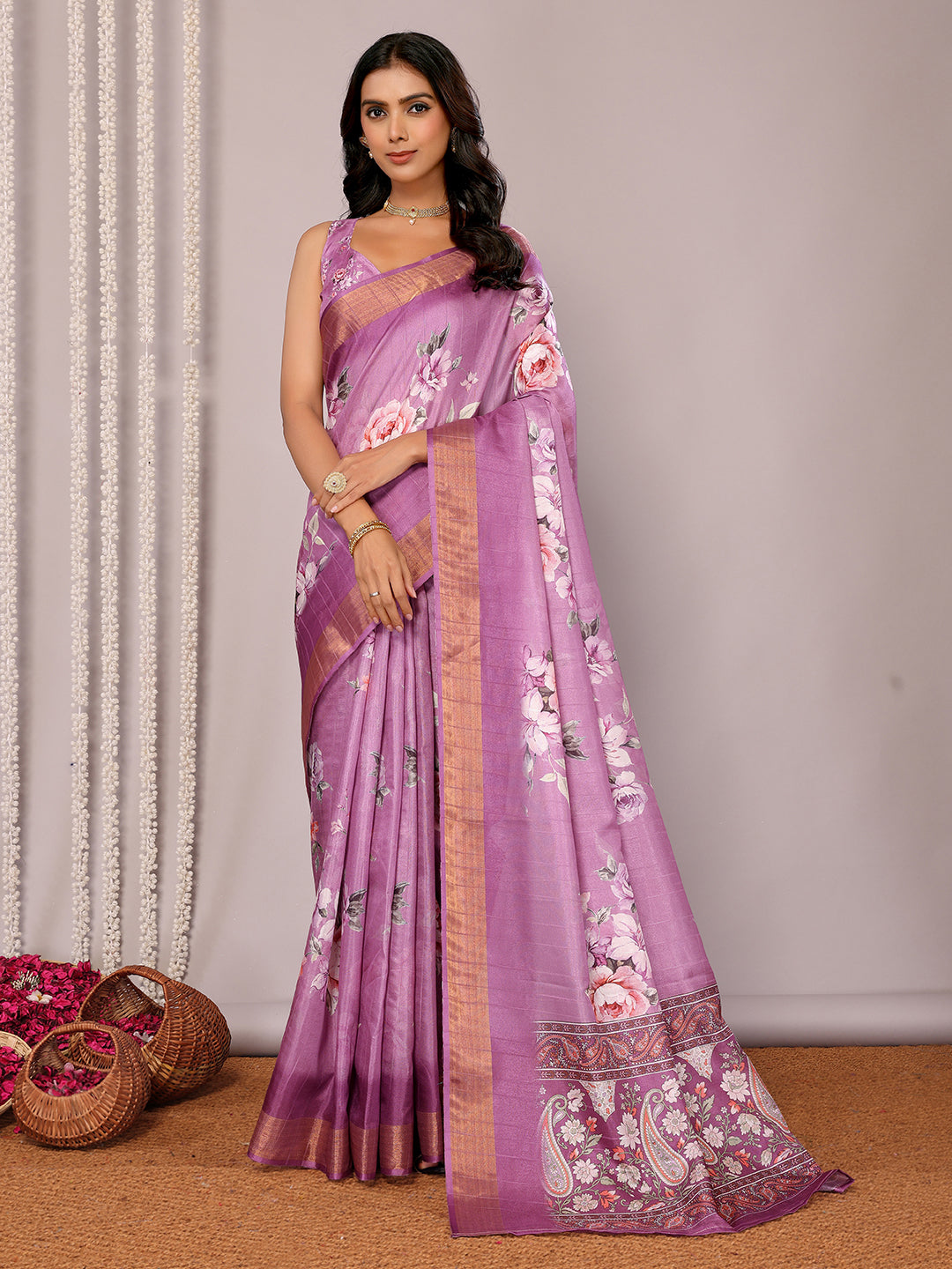 Janasya Purple Chanderi Silk Floral Printed Saree