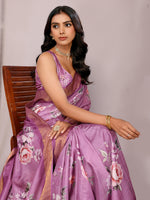Thumbnail for Janasya Purple Chanderi Silk Floral Printed Saree