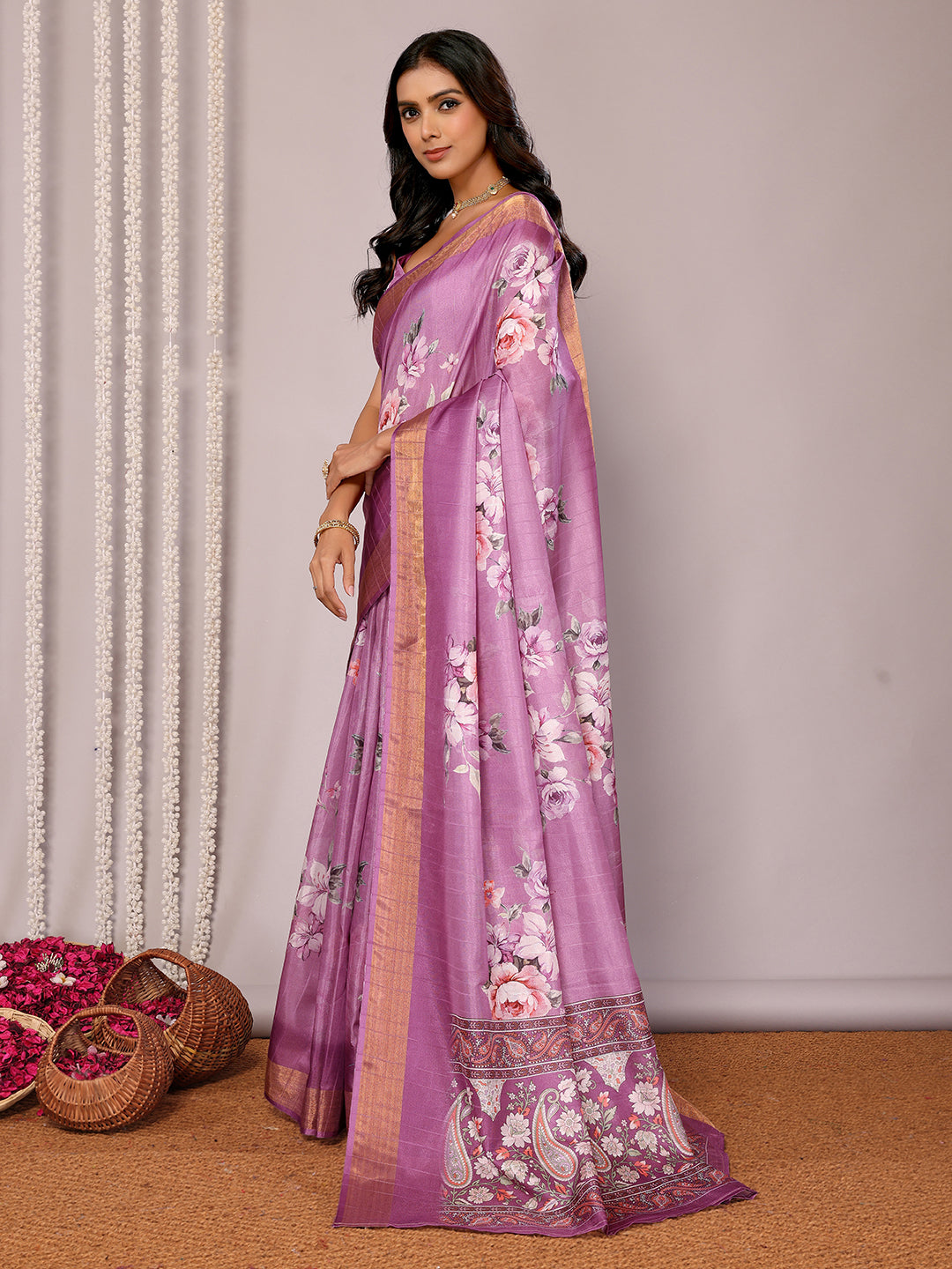 Janasya Purple Chanderi Silk Floral Printed Saree