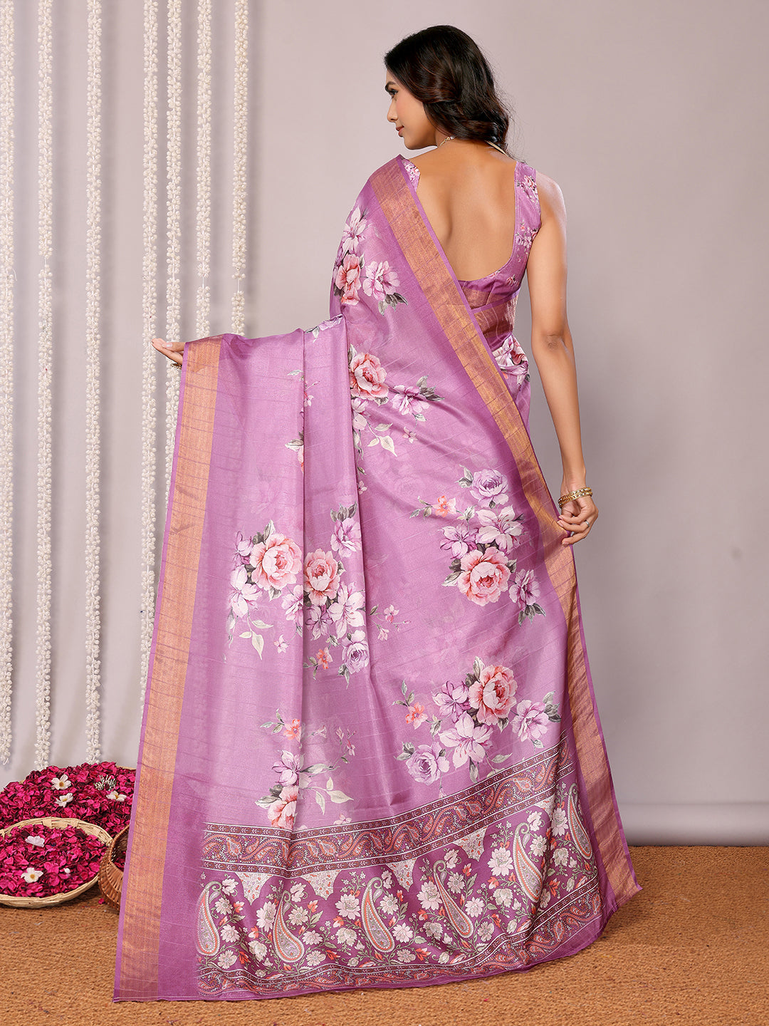 Janasya Purple Chanderi Silk Floral Printed Saree