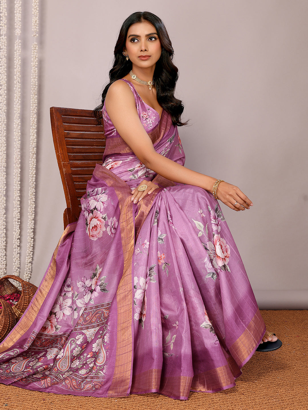 Janasya Purple Chanderi Silk Floral Printed Saree