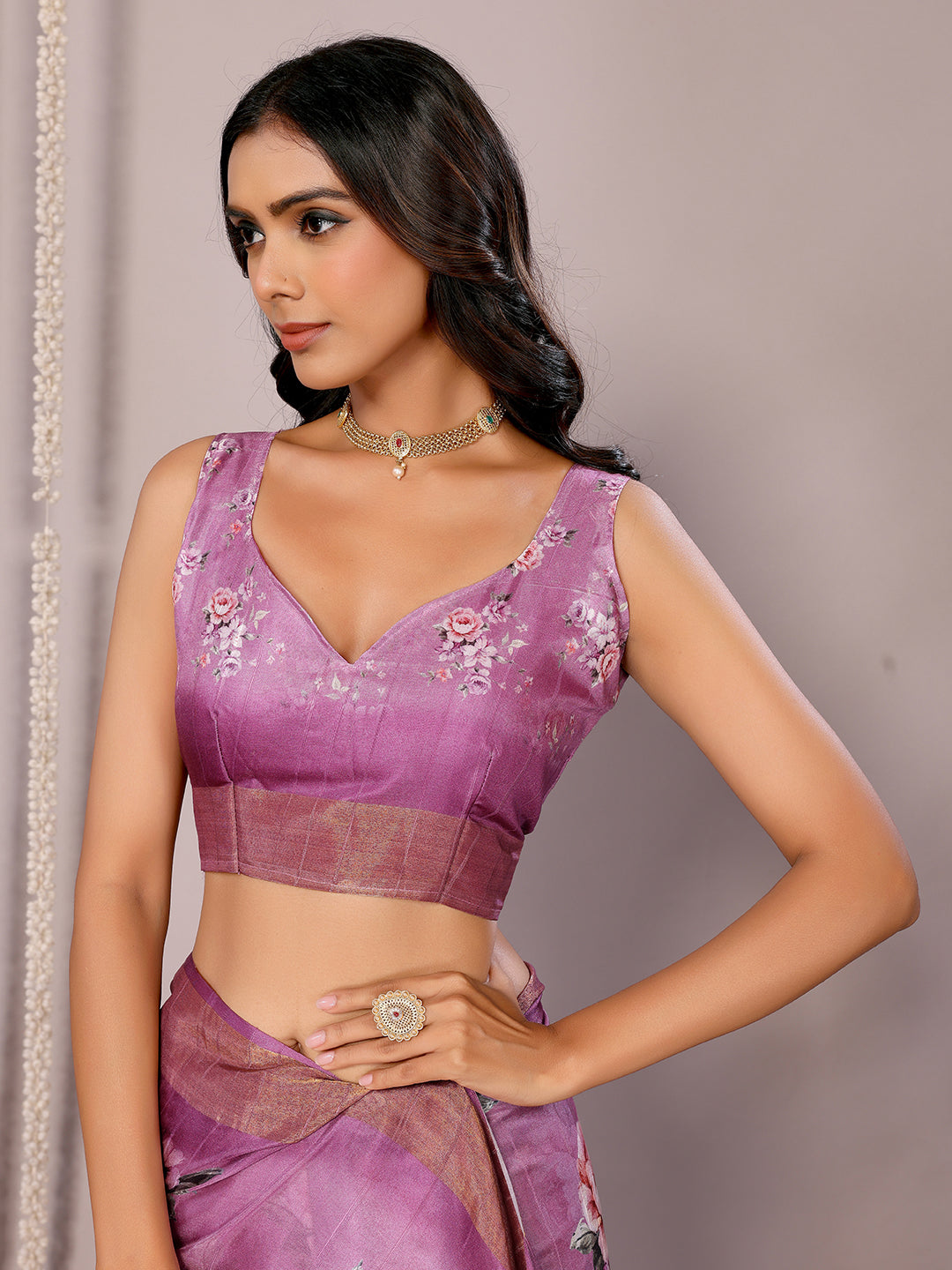 Janasya Purple Chanderi Silk Floral Printed Saree