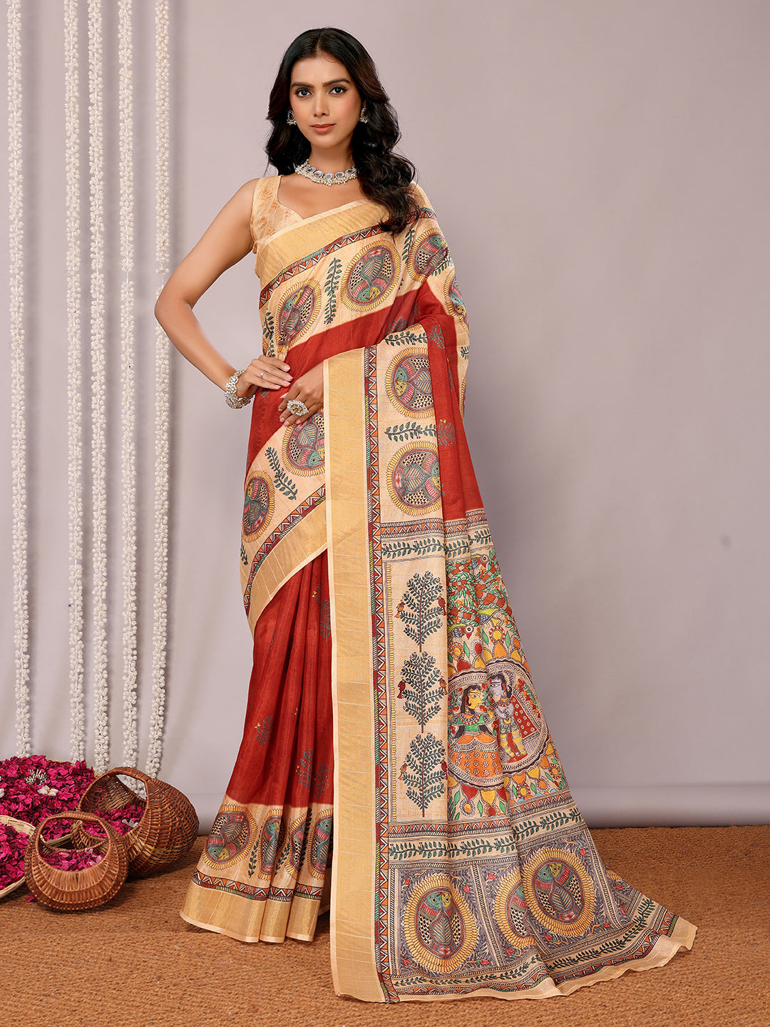Janasya Maroon Chanderi Silk Ethnic Print Printed Saree