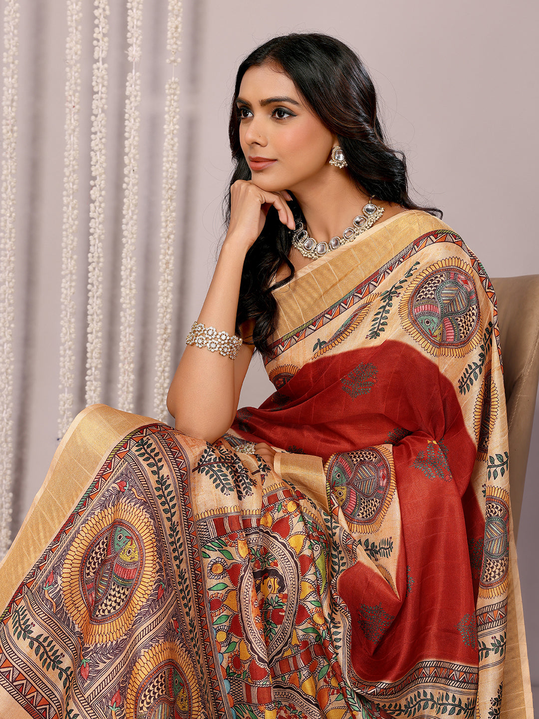 Janasya Maroon Chanderi Silk Ethnic Print Printed Saree