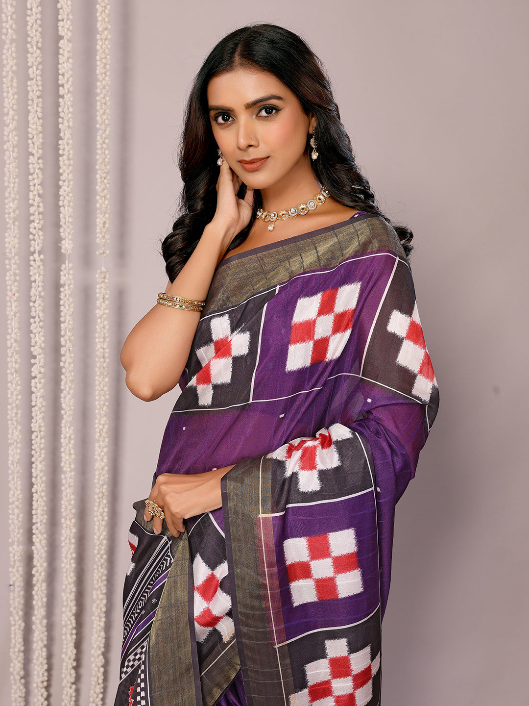 Janasya Purple Chanderi Silk Geometric Printed Saree