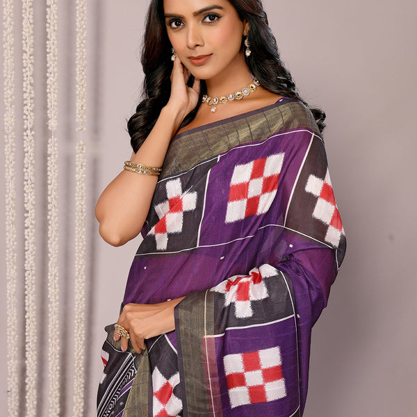 Janasya Purple Chanderi Silk Geometric Printed Saree
