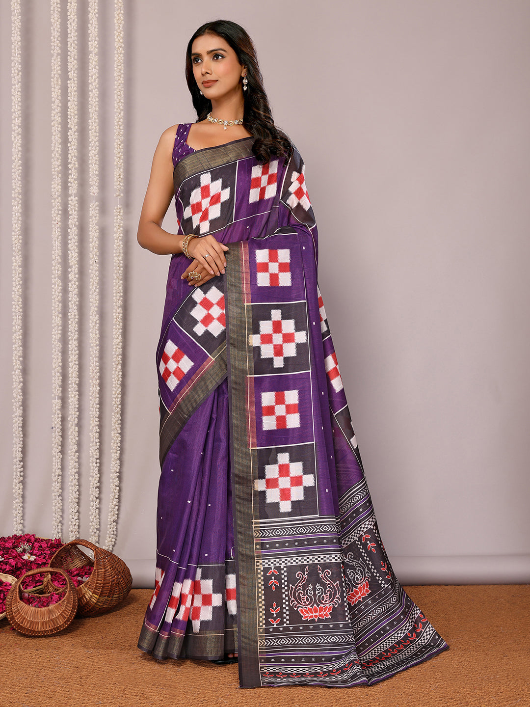 Janasya Purple Chanderi Silk Geometric Printed Saree