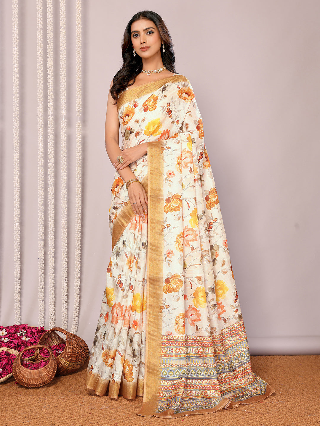 Janasya Cream Chanderi Silk Floral Printed Saree