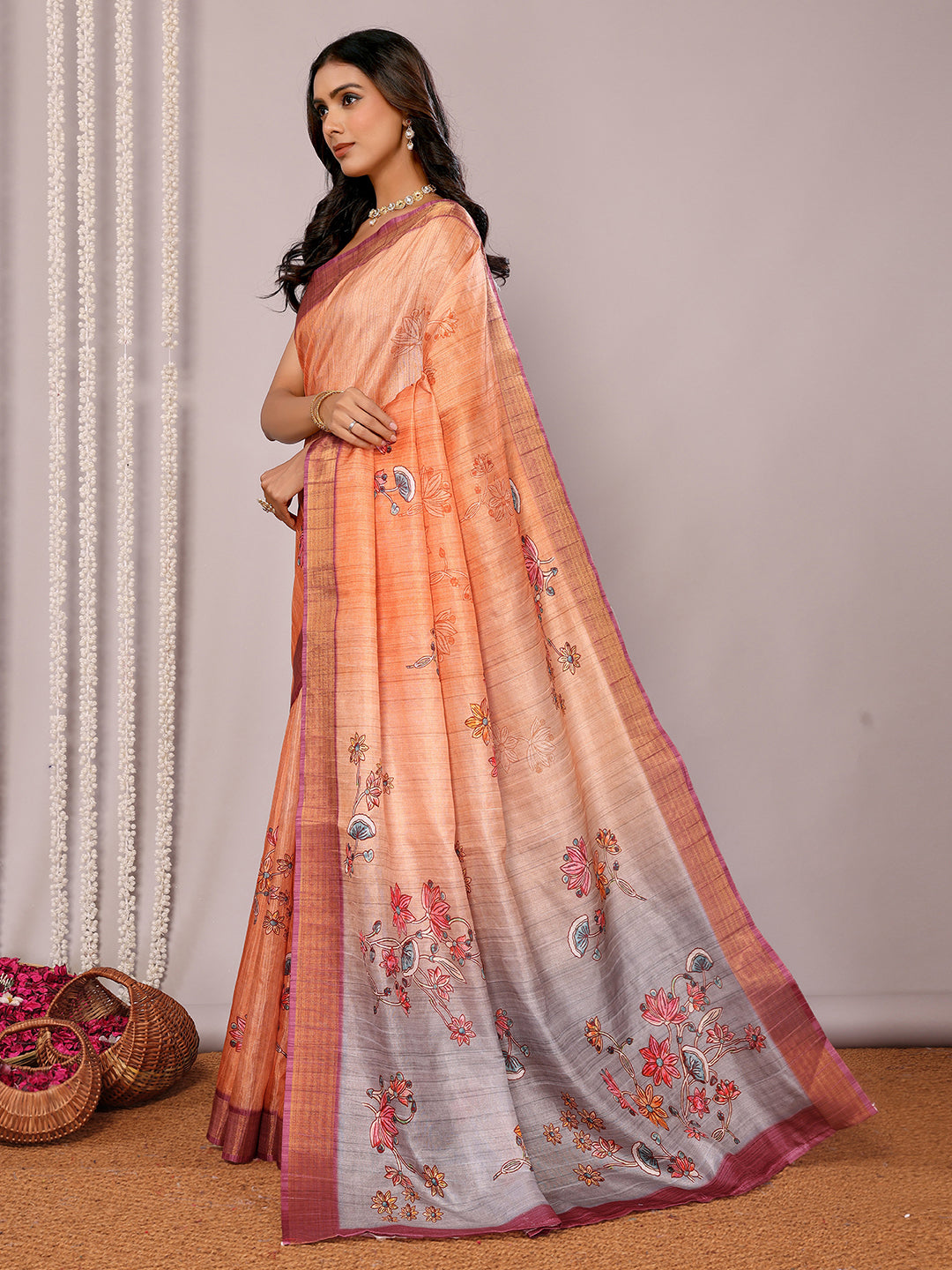 Janasya Beige Chanderi Silk Floral Printed Saree