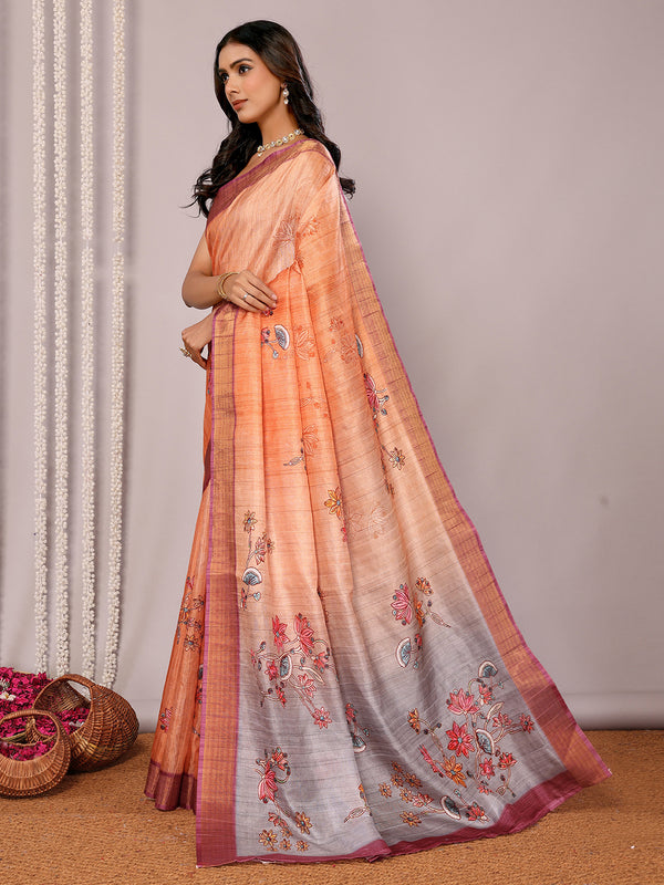 Janasya Beige Chanderi Silk Floral Printed Saree