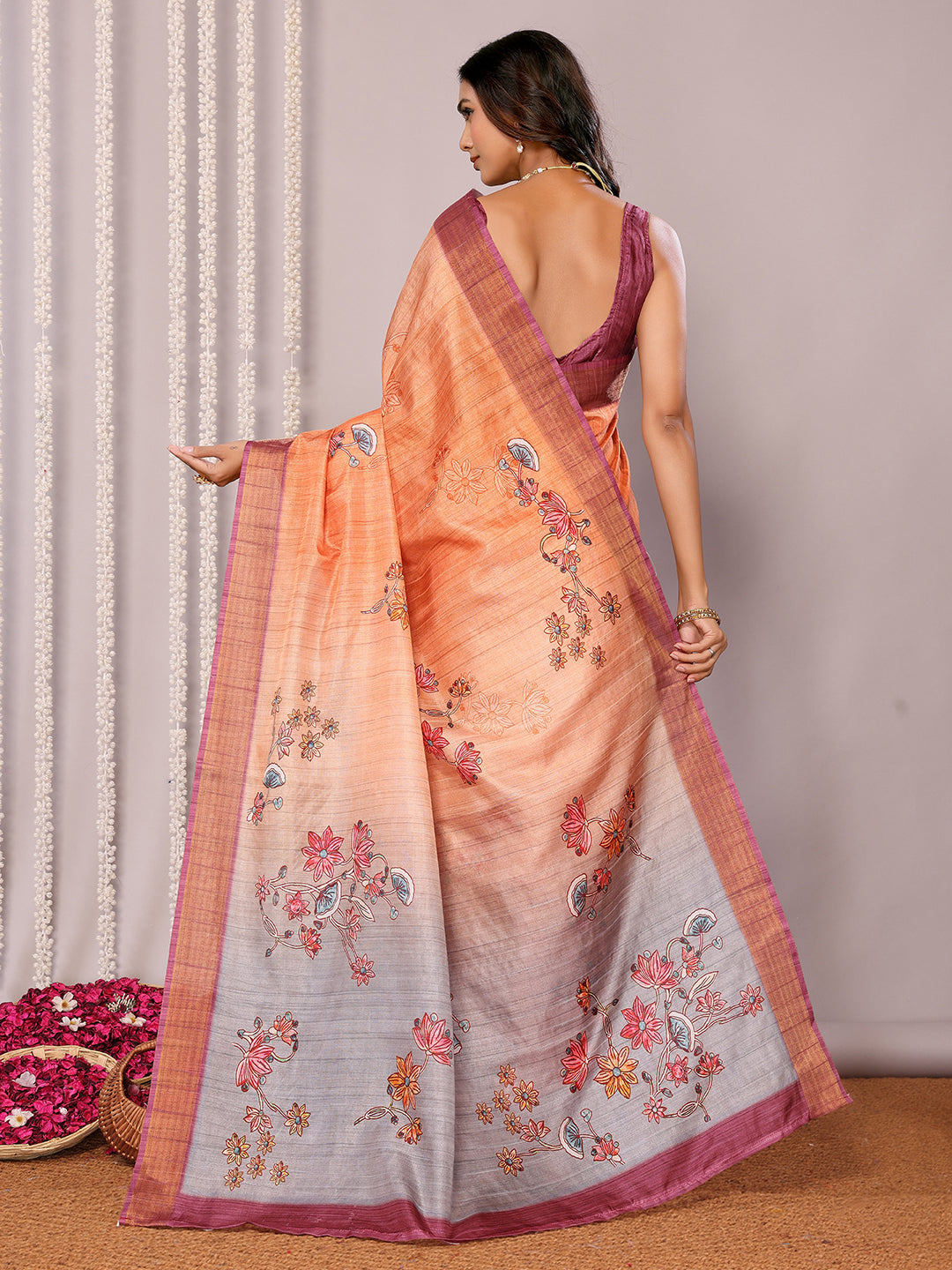 Janasya Beige Chanderi Silk Floral Printed Saree