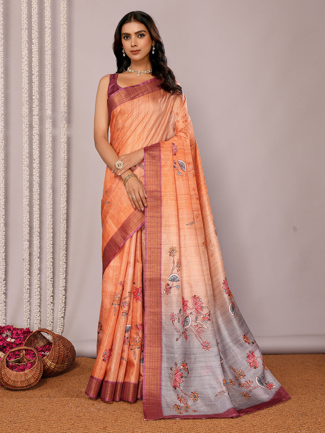 Janasya Beige Chanderi Silk Floral Printed Saree