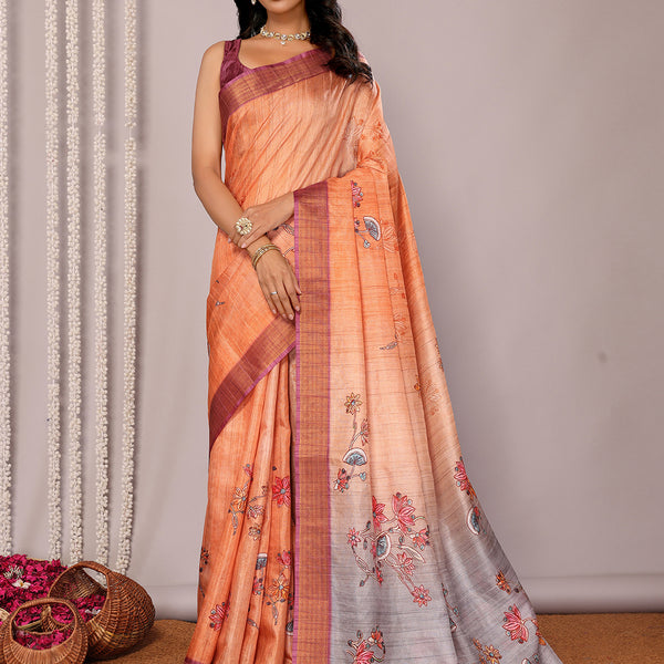 Janasya Beige Chanderi Silk Floral Printed Saree