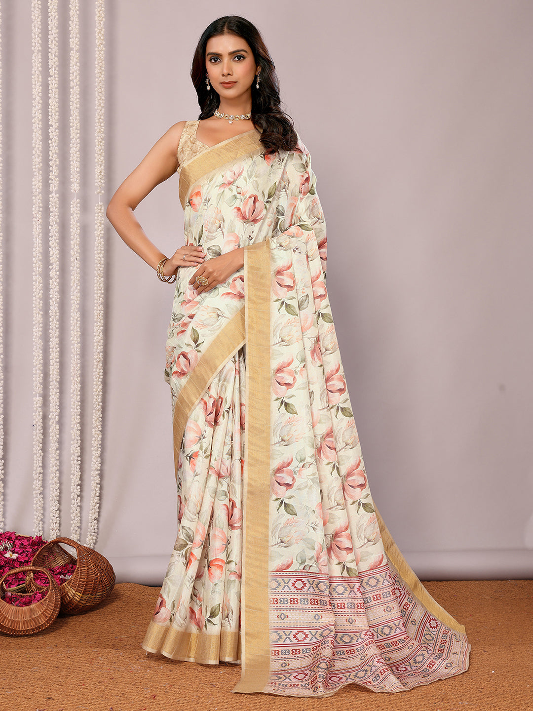Janasya Cream Chanderi Silk Floral Printed Saree