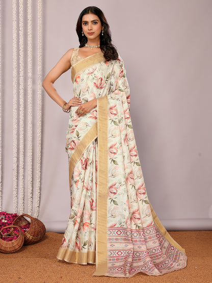 Janasya Cream Chanderi Silk Floral Printed Saree - Distacart