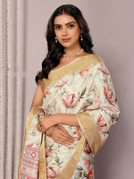 Thumbnail for Janasya Cream Chanderi Silk Floral Printed Saree