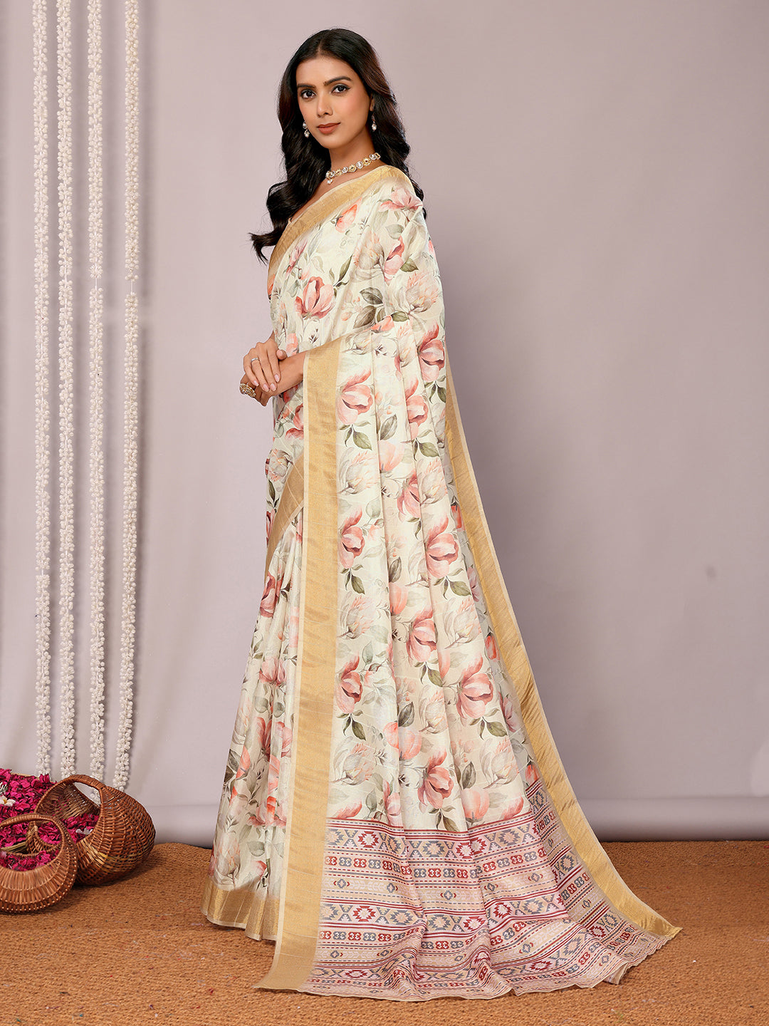 Janasya Cream Chanderi Silk Floral Printed Saree