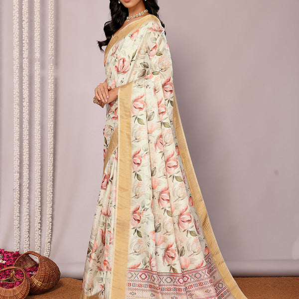 Janasya Cream Chanderi Silk Floral Printed Saree