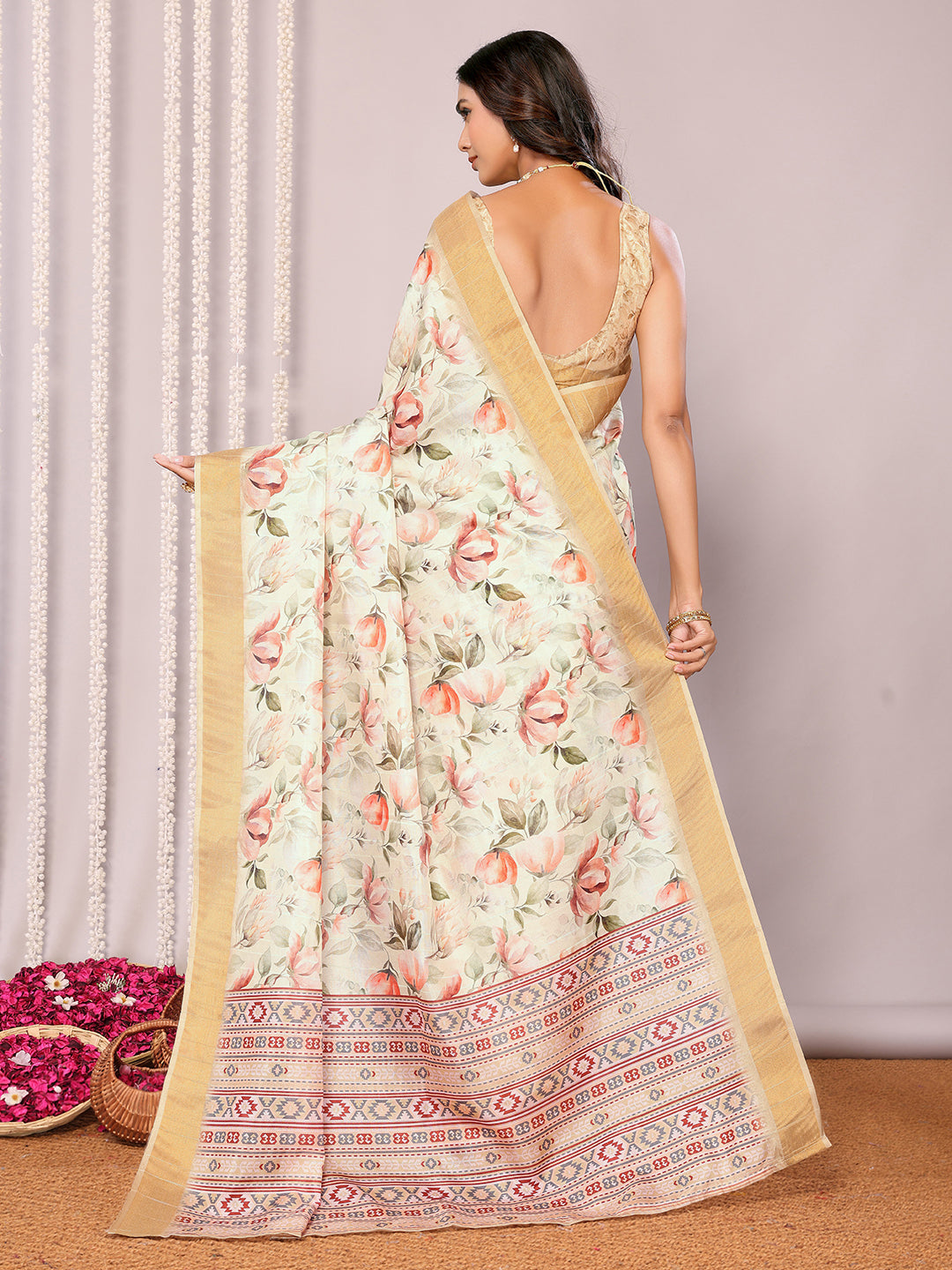 Janasya Cream Chanderi Silk Floral Printed Saree