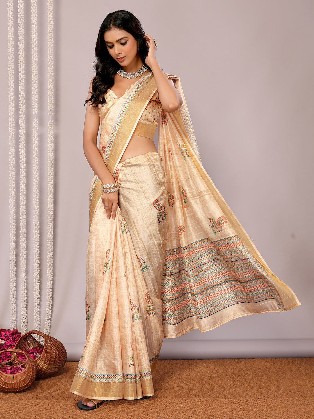 Janasya Beige Chanderi Silk Paisley Printed Saree