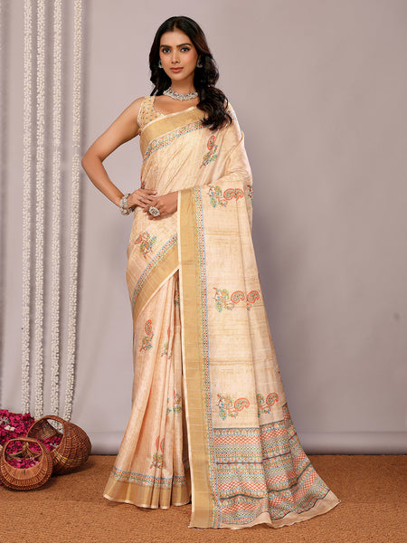 Janasya Beige Chanderi Silk Paisley Printed Saree
