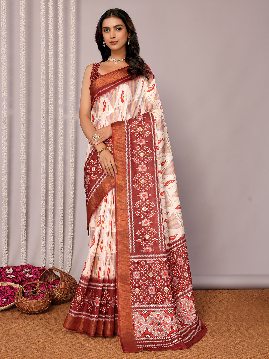 Janasya Cream Chanderi Silk Ikkat Printed Saree