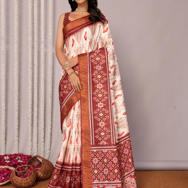 Janasya Cream Chanderi Silk Ikkat Printed Saree
