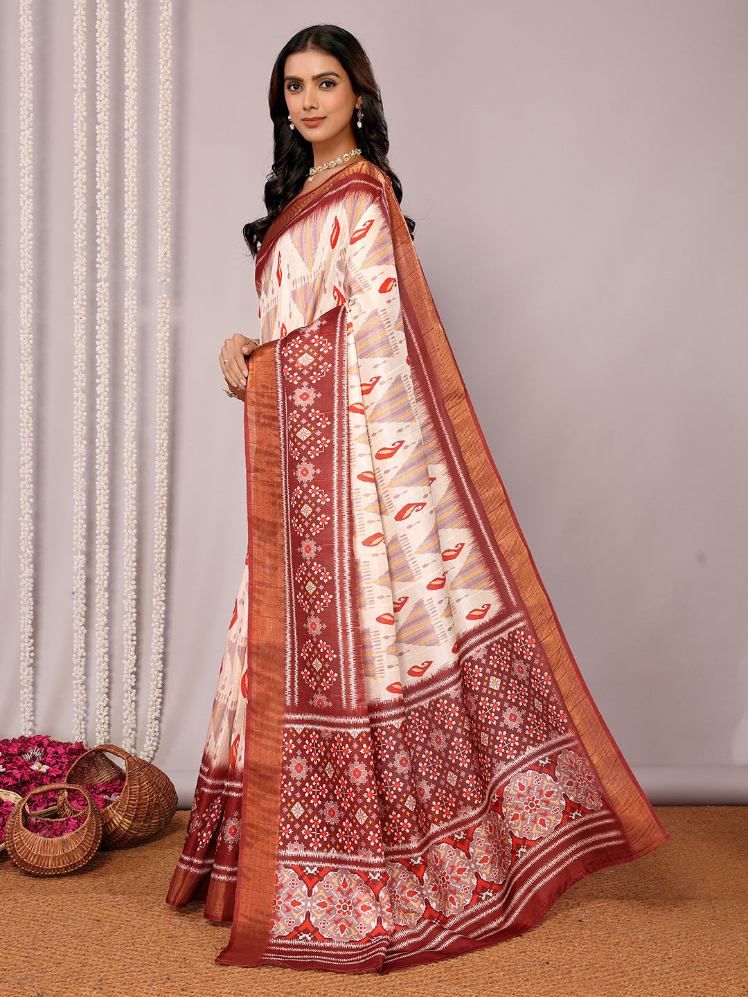 Janasya Cream Chanderi Silk Ikkat Printed Saree