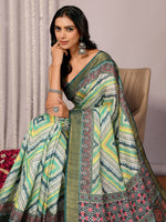Thumbnail for Janasya Green Chanderi Silk Chevron Printed Saree