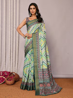 Thumbnail for Janasya Green Chanderi Silk Chevron Printed Saree