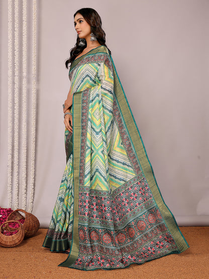 Janasya Green Chanderi Silk Chevron Printed Saree - Distacart