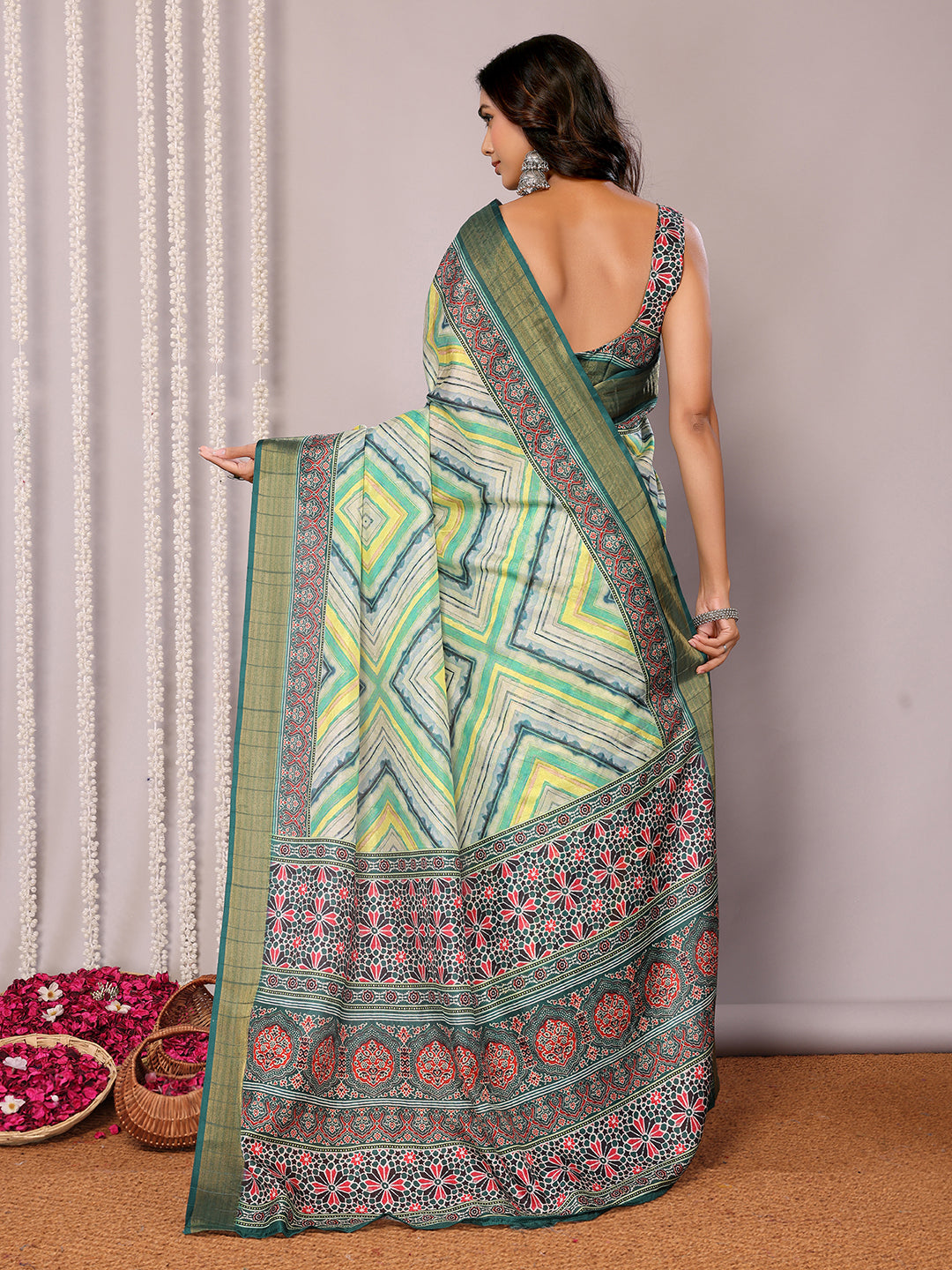 Janasya Green Chanderi Silk Chevron Printed Saree