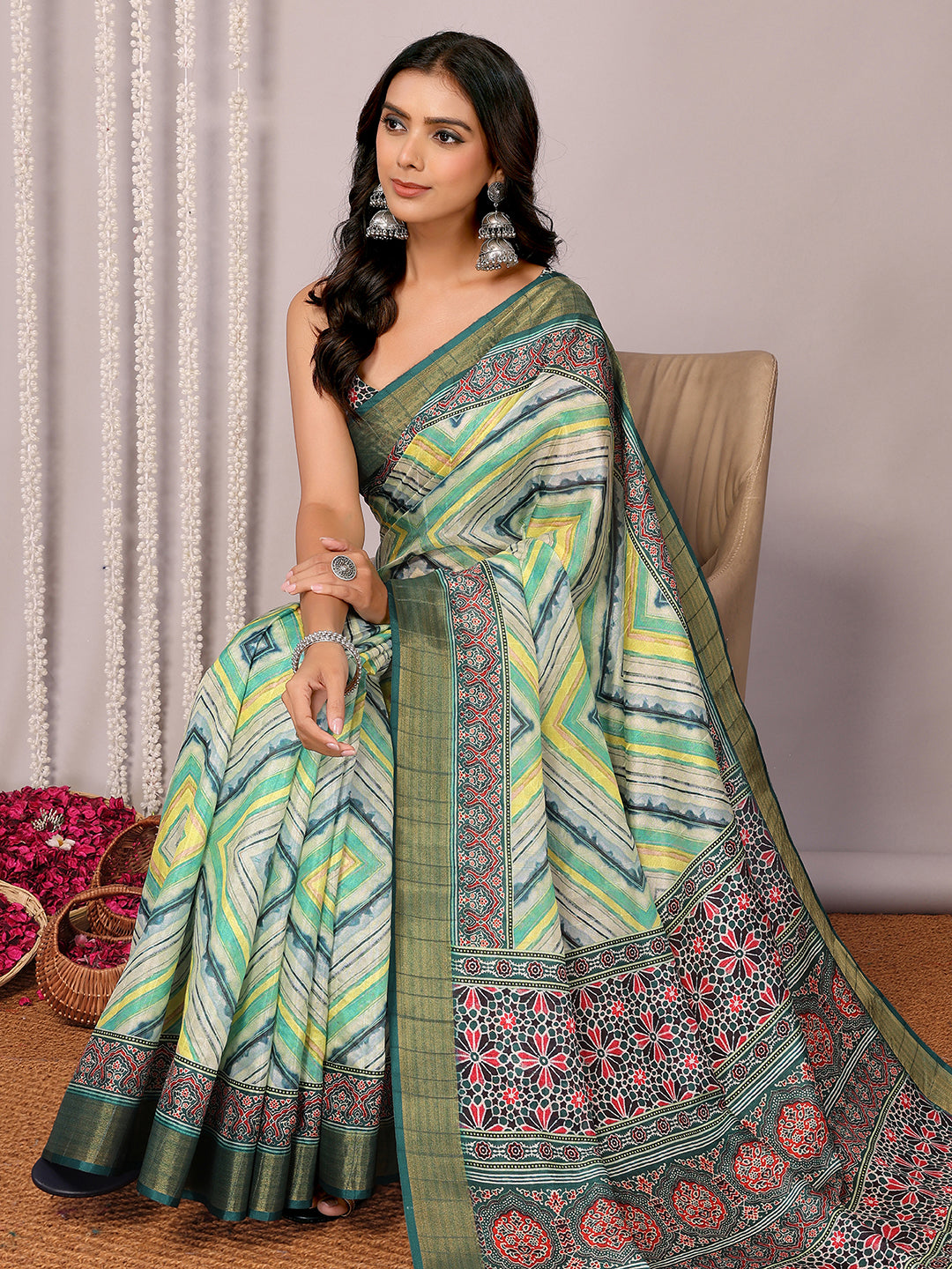 Janasya Green Chanderi Silk Chevron Printed Saree