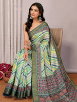 Thumbnail for Janasya Green Chanderi Silk Chevron Printed Saree