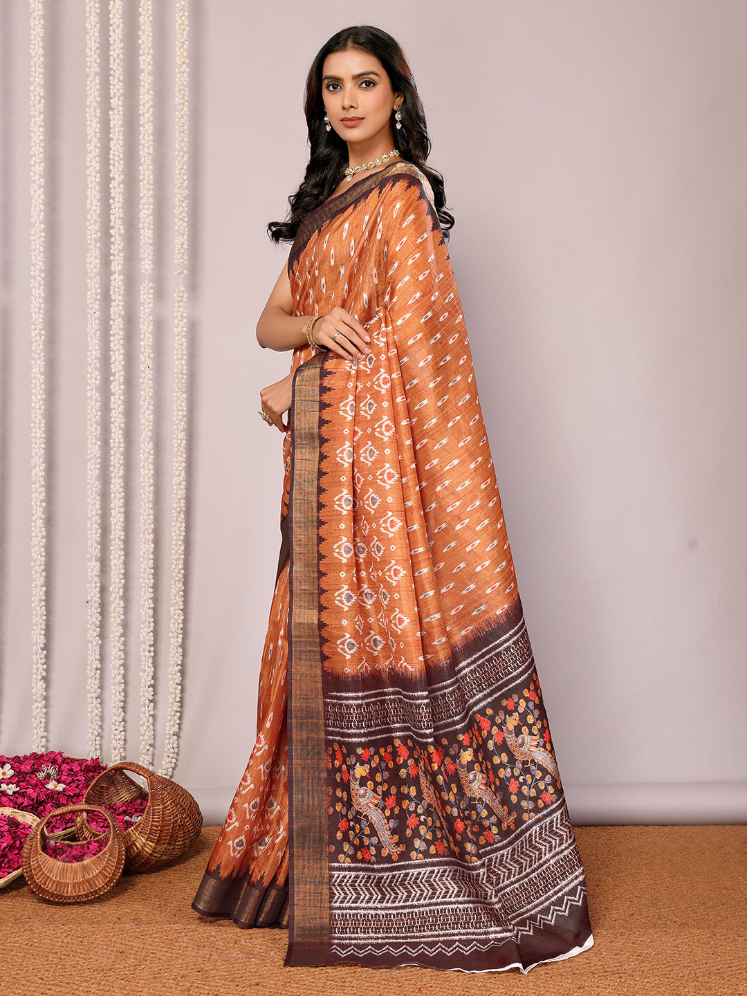 Janasya Orange Chanderi Silk Ikkat Printed Saree - Distacart