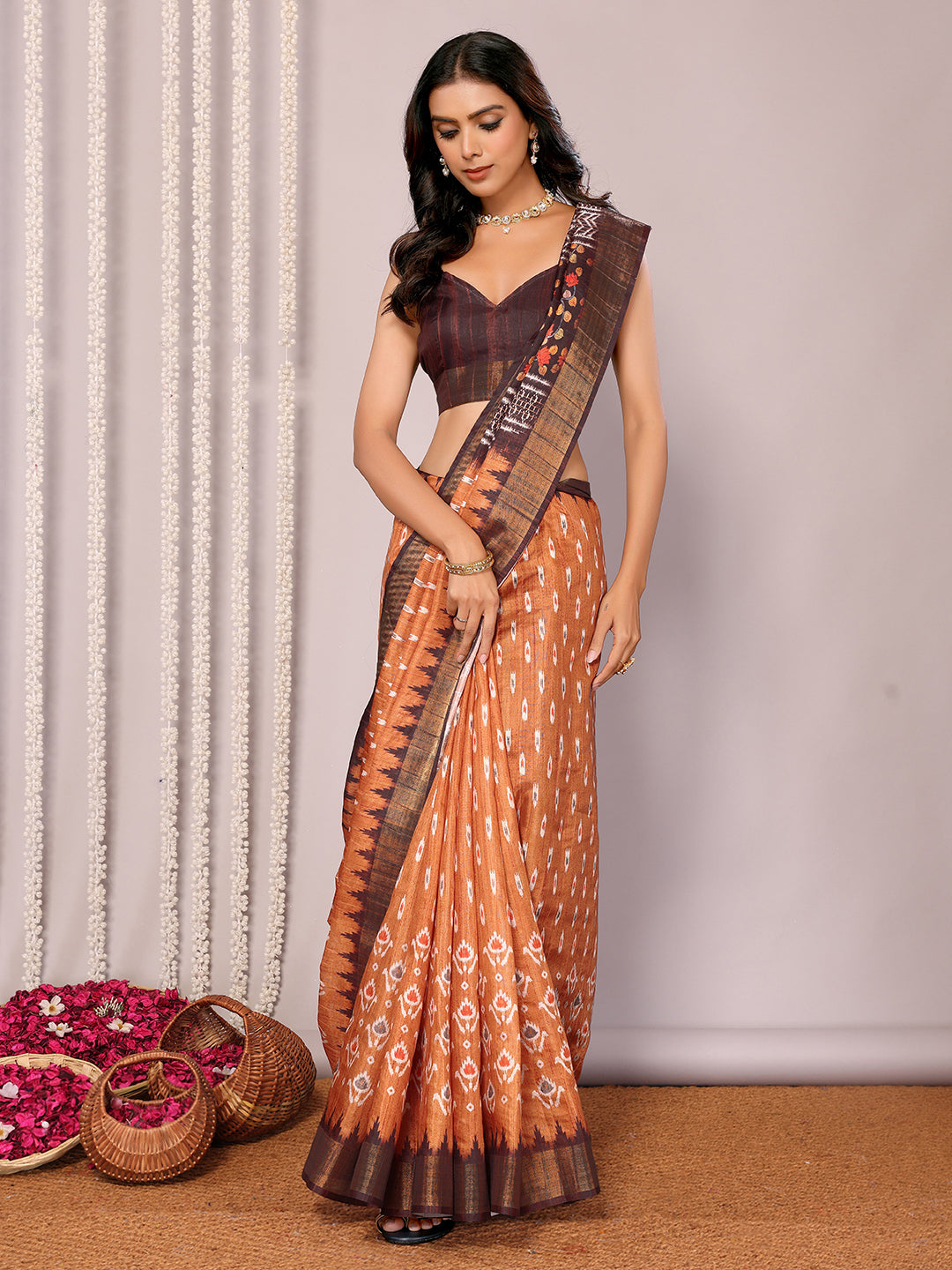 Janasya Orange Chanderi Silk Ikkat Printed Saree